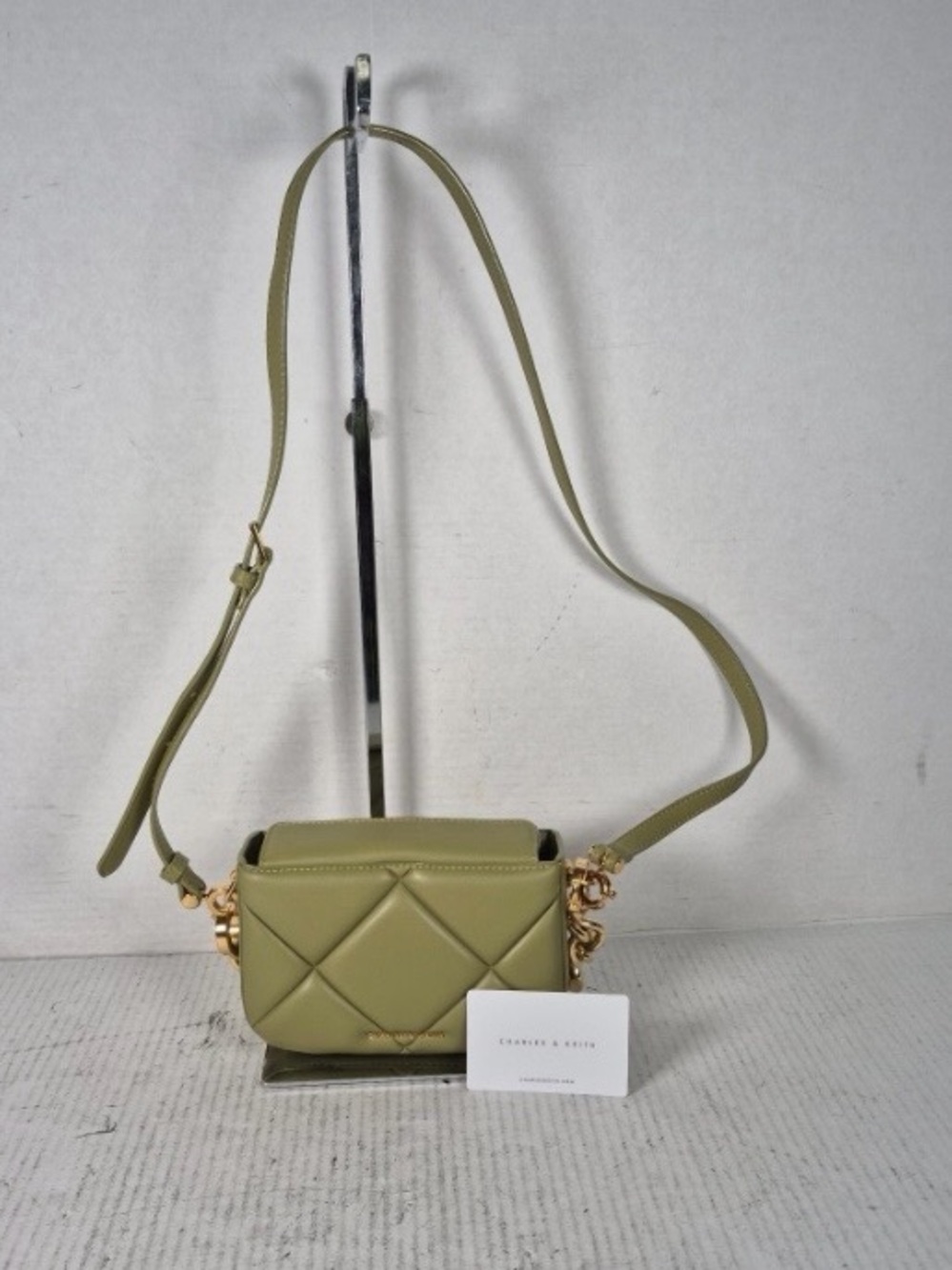 Charles & Keith Olive Quilted leather Crossbody Bag with Gold Chain Accent